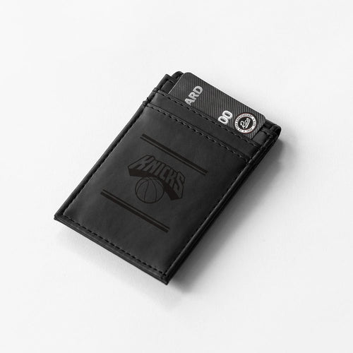 New York Knicks Premium Black Leather Wallet, Front Pocket Magnetic Money Clip, Laser Engraved, Vegan