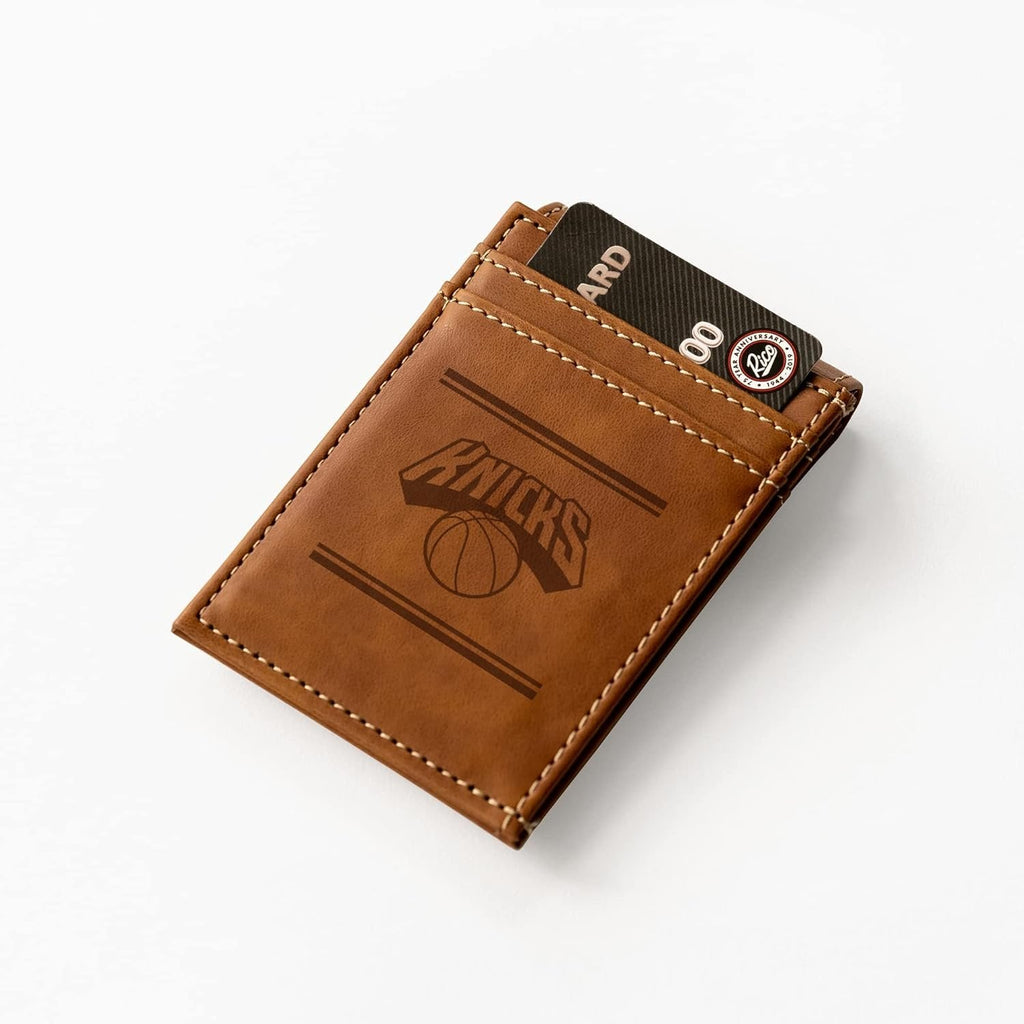 Rico Industries NBA New York Knicks Premium Laser Engraved Vegan Brown Leather Front Pocket Wallet - Compact and Slim yet Sturdy Design - Perfect to Show Your Team Pride or Gift