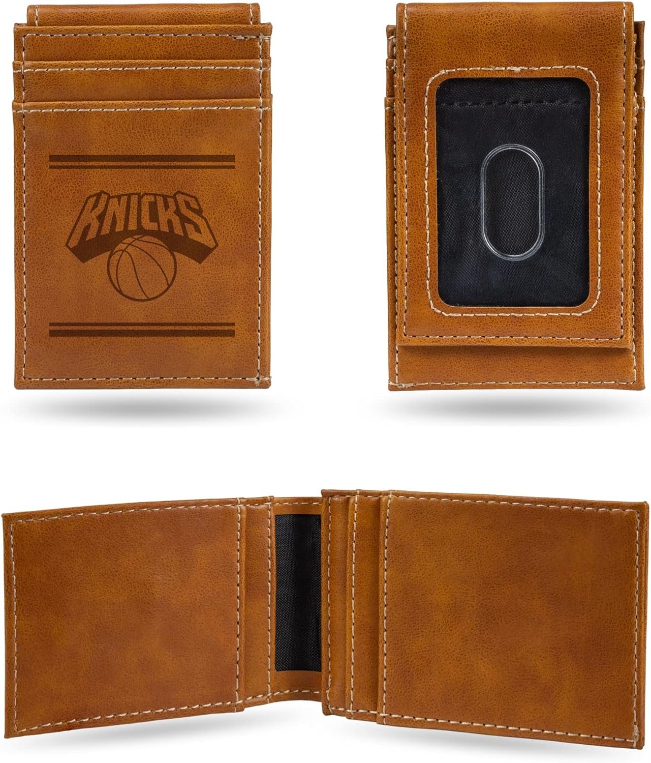 Rico Industries NBA New York Knicks Premium Laser Engraved Vegan Brown Leather Front Pocket Wallet - Compact and Slim yet Sturdy Design - Perfect to Show Your Team Pride or Gift
